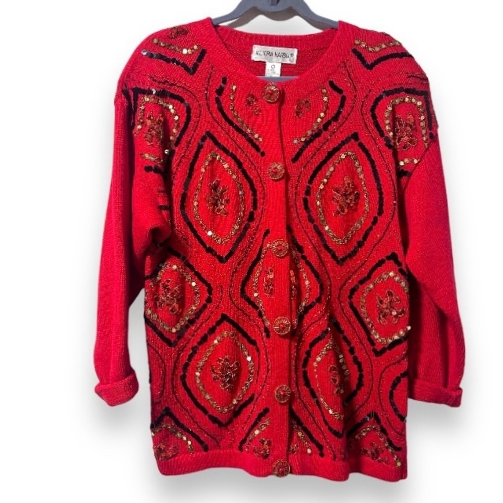 Vintage Victoria Harbour Red Beaded‎ Cardigan Knit Sweater Women’s Size Large